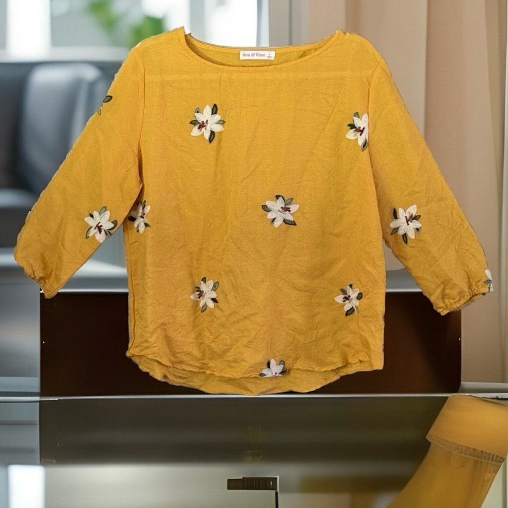 Ana & Rose Blouse Women’s  L Yellow Floral Embroidery Boho Peasant Hippie Artsy